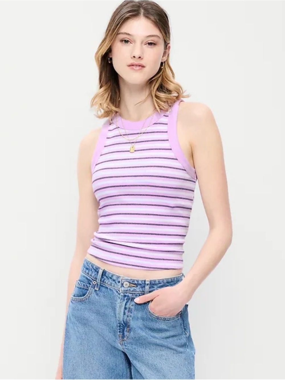Old Navy Snug Ringer Striped Ribbed Tank Top, Lilac, Size L